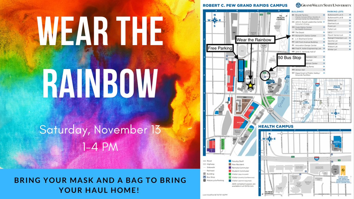 Wear the Rainbow will be held in the Loosemore Auditorium on GVSU's Pew Campus. Free parking will be available in the non-metered or otherwise specified spaces in the DeVos Lot. More directional and accessibility info is available on our event FB page: facebook.com/events/3786419…