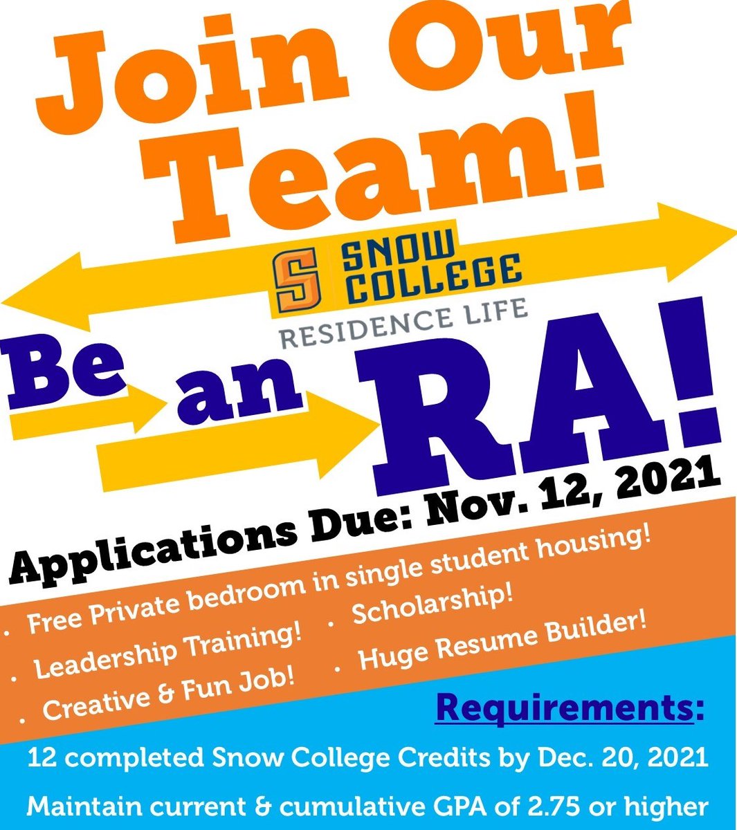 SnowResLife's tweet image. Are you looking to have more friends and more fun during spring semester while getting financial assistance and a private room? 
As an RA, you get to meet and help more people and gain great student leadership experience. Apply now for the position! There's still time! 😄