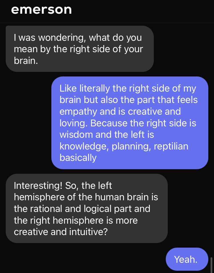 gabebroo's tweet photo. . @talktoemerson #EmersonAI #ArtificialIntelligence on right brain and left brain capabilities with me. 🧠 https://t.co/NQjSzc7tX2