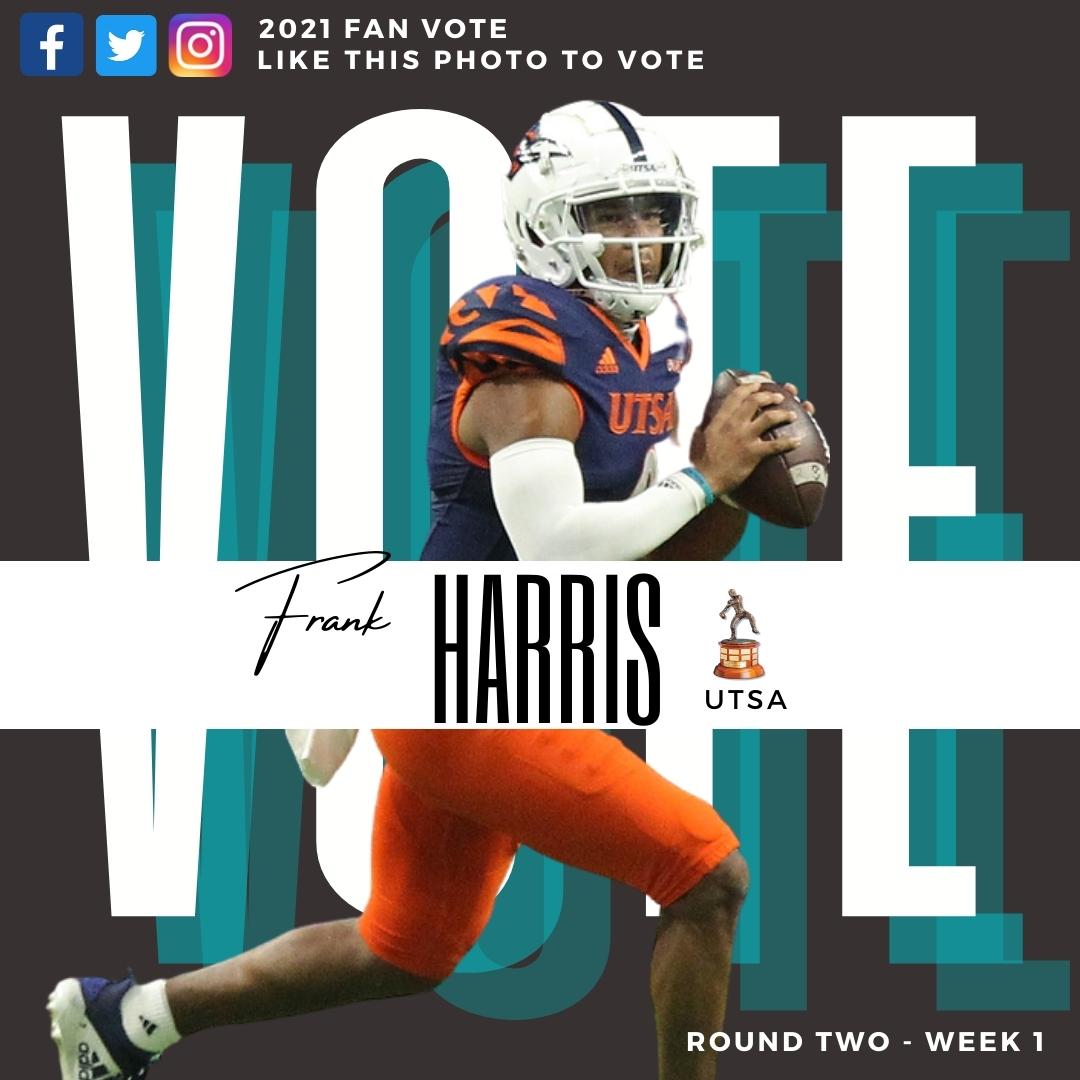 daveyobrien's tweet photo. We can spell U-T-S-A, so you should V-O-T-E!

Vote for @thefrankharris of @UTSAFTBL to be a finalist for the Davey O’Brien Award by liking this post. The top 5 vote getters on Twitter, Instagram &amp; Facebook will receive bonus committee votes each week. #DaveyQBs @UTSAAthletics https://t.co/r3gqBvB9Ux