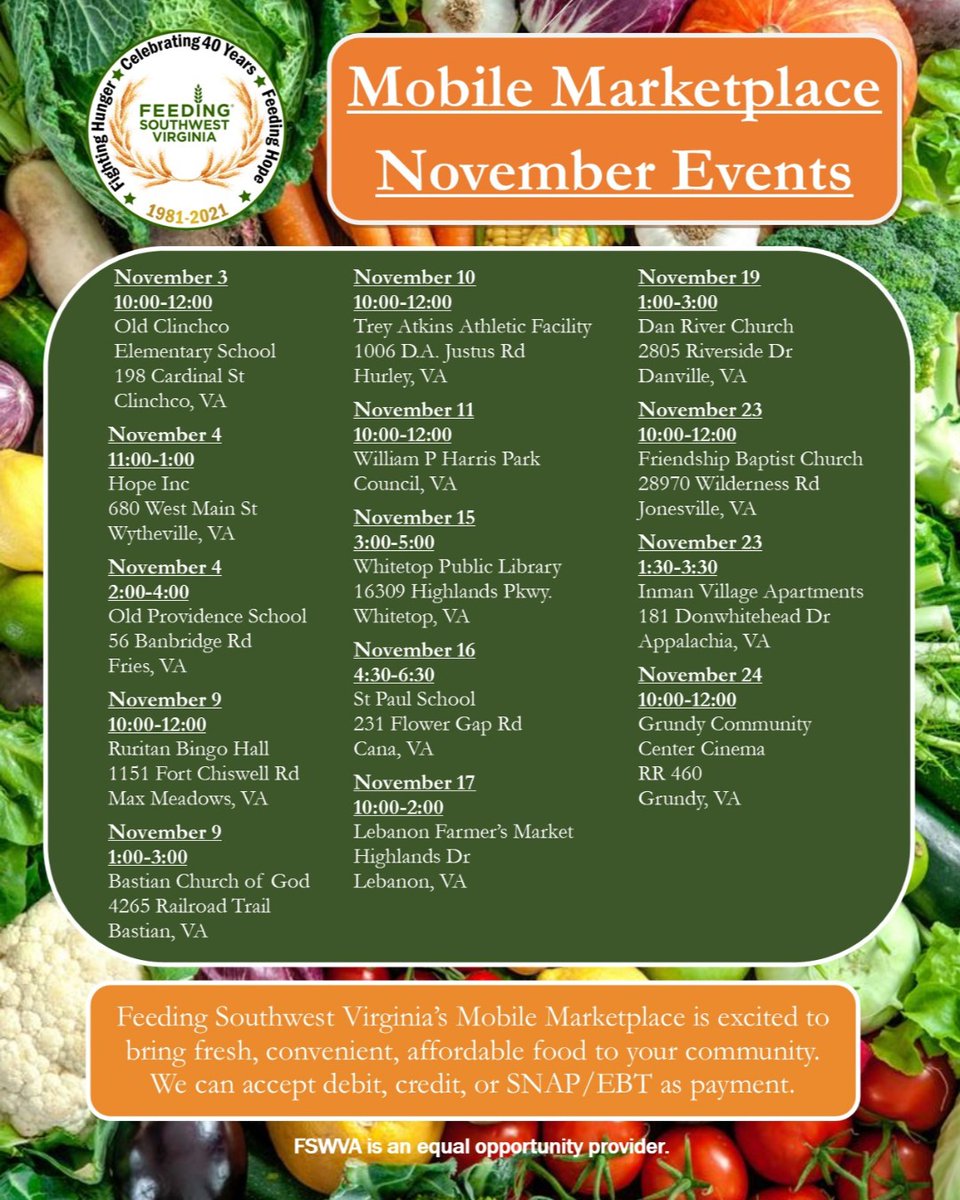 FeedingSWVA's tweet photo. Save and share this #November calendar for the Mobile Marketplace!
#feedingswva https://t.co/8RNv7kajCQ
