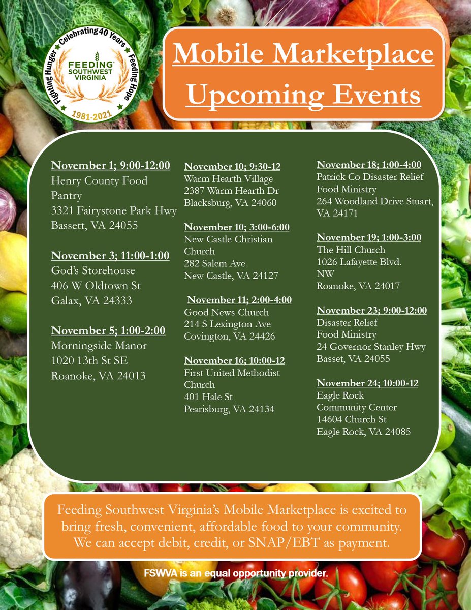 FeedingSWVA's tweet photo. Save and share this #November calendar for the Mobile Marketplace!
#feedingswva https://t.co/8RNv7kajCQ