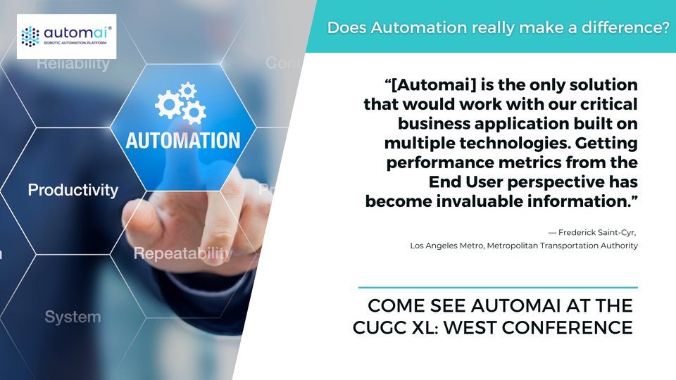 AutomaiCorp's tweet photo. Does Automation work for you? See how our clients continue to see amazing results with our applications at the CUGC XL WEST Conference.

Plus Win Prizes! 🎁

November 10th - 11:00am - 3:00pm PDT

Register free here: https://t.co/QCErGJ0icJ

@myCUGC #rpa #automation https://t.co/7YpAZrHCK6