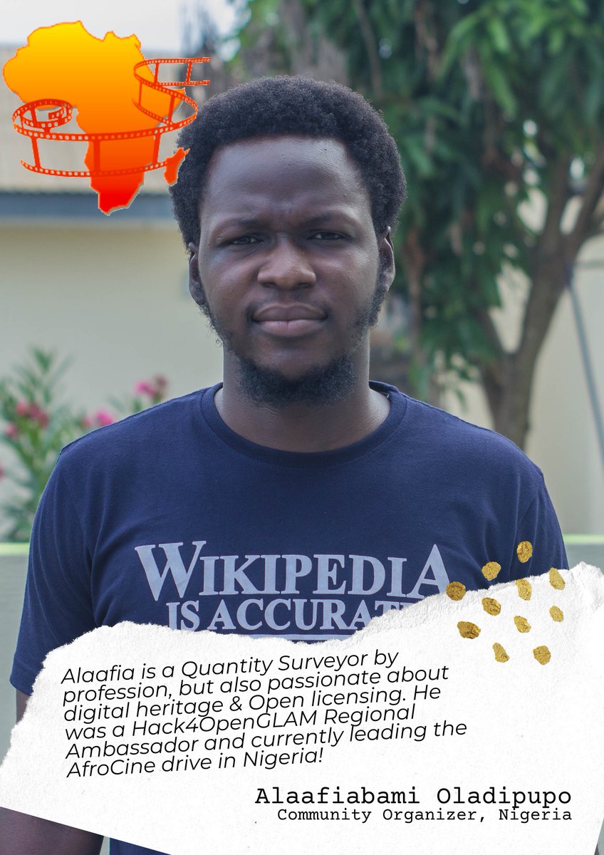 AfrocineProject's tweet photo. #MeetAfroCineOrganizers 
@_Haylad is a Quantity Surveyor who is Passionate about digital heritage &amp; Open licensing. He was the 2021 Hack4OpenGLAM Regional Ambassador for Sub Saharan Africa. 
He has been coordinating the AfroCine drive in Nigeria! #AfrocineProject https://t.co/Cp71kmyToR