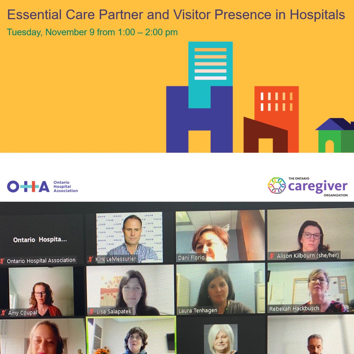 OntHospitalAssn's tweet photo. Pleased to have more than 150 hospital leads join a conversation and learning on #EssentialCarePartner presence. @CaregiverON @HE_ES_Canada @bruyerecare @niagarahealth @SaultAreaHosp https://t.co/OuFAR8GpSn