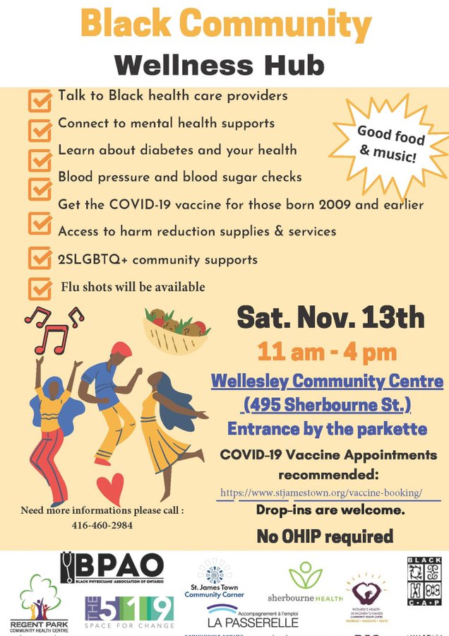 shctoronto's tweet photo. This Saturday! Black Community Wellness Hub has:
🎶Good food & music
🩺Chance to meet with primary care providers + mental health providers
💉Flu shots & COVID-19 vaccines
🤎🖤🤎so much more! 🤎🖤🤎
📍Wellesley Community Centre
🗓️Saturday, Nov. 13, 11 a.m.-4 p.m. https://t.co/0pMCaI1HJV