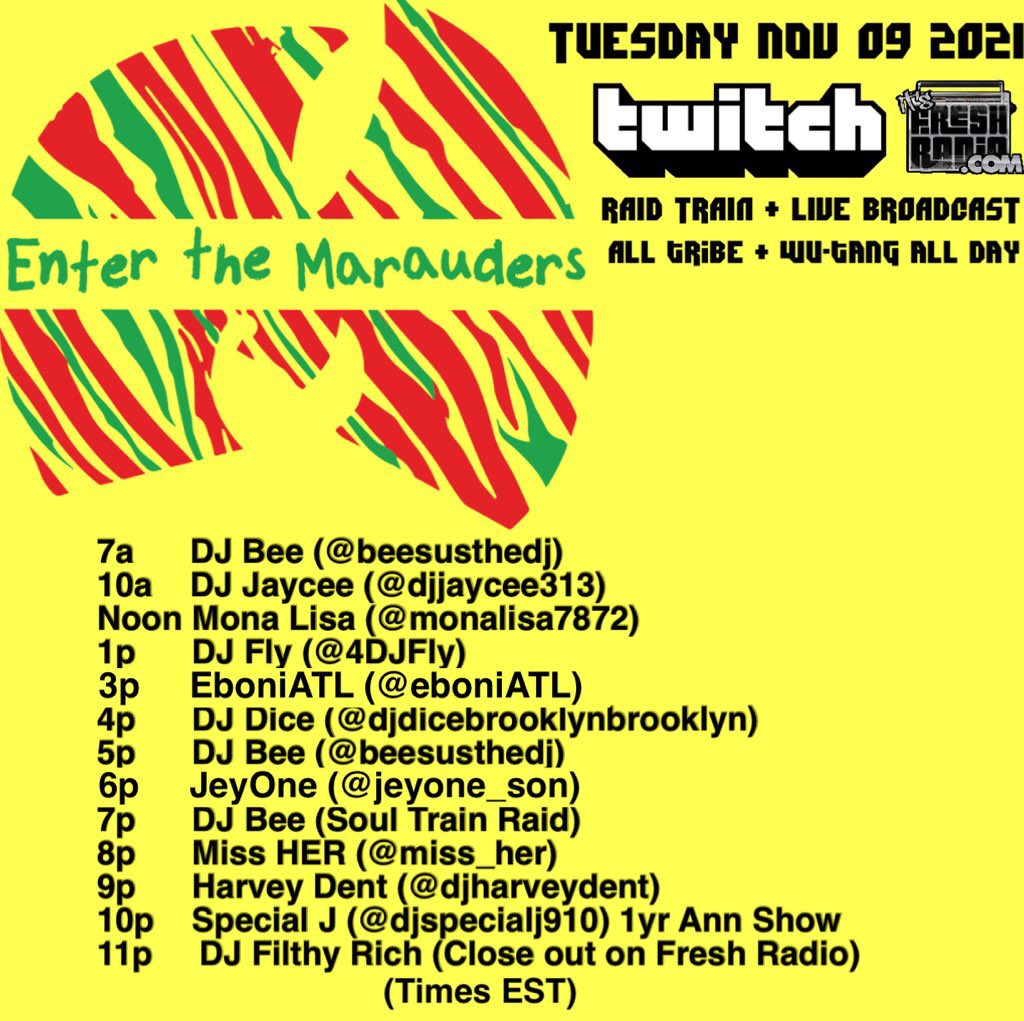 DJSpecialJ910's tweet photo. Hey Tune in tonight 
*Rock The BoomBox *1 Yr Anniversary 10-11PM EST on @DJSpecialJ910 
Check out the Twitch Raid by Fresh Radio 
All Tribe • WU-Tang All Day
Enter the Marauders
https://t.co/ApQluTJxNP 
#follow #djspecialj #thepeoplesdj #specialjway #music #wutang https://t.co/JdGgUne6hz