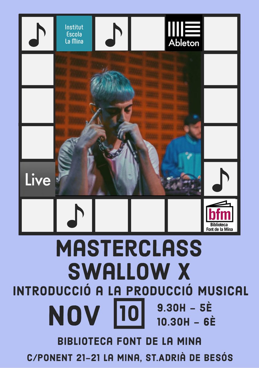 InsEscLaMina's tweet photo. Demà fem una masterclass amb el raper #swallowx de Ceuta per inspirar el nostre alumnat de #ciclesuperior amb el #projecteartístic de #producciómusical @Ableton. Gràcies a @MadjodyDaniel mestre "nostre" i expert en #músicaurbana https://t.co/gh4lgwLxwK