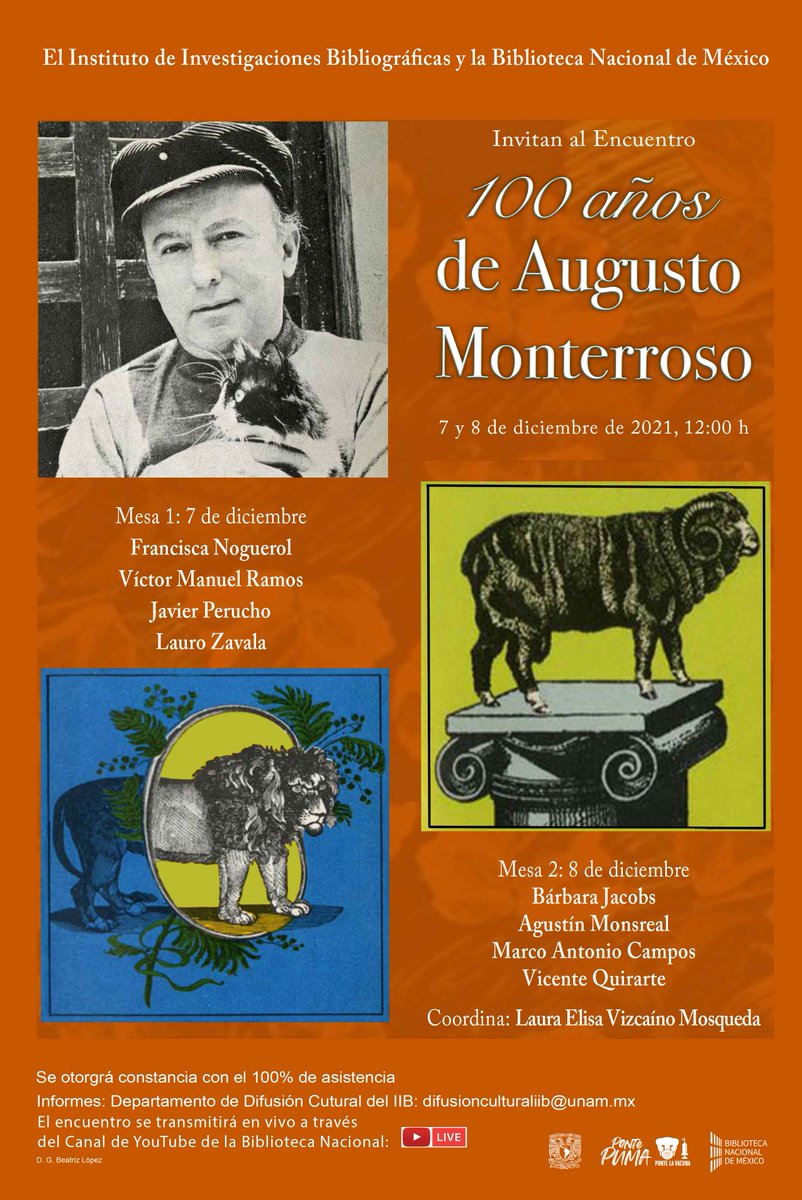 IIBUNAM's tweet photo. Sigue nuestra transmisión del Encuentro “100 años de Augusto Monterroso”. ¡Imperdible!

🗓 7 y 8 de diciembre.
⏳ 12 hrs.
📺 Por nuestro canal de Youtube. 👇🏽
https://t.co/wGM6TXVrFg https://t.co/TByxtDpeDi