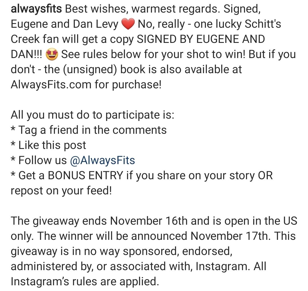 A chance to win a signed copy (by Eugene and Dan Levy) of Schitt's Creek: Best Wishes, Warmest Regards - open to US entries only (via Instagram, link and details below) 
Enter: instagram.com/p/CWEH96LBAVa/…