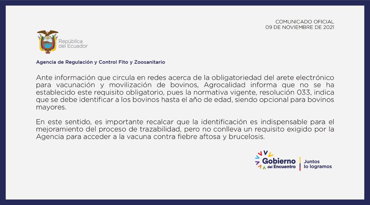 #AgrocalidadInforma | Ante información que circula en redes sociales sobre aretes electrónicos para el ganado bovino, se solicita a la ciudadanía verificar en canales oficiales. #PrevenciónSanitaria