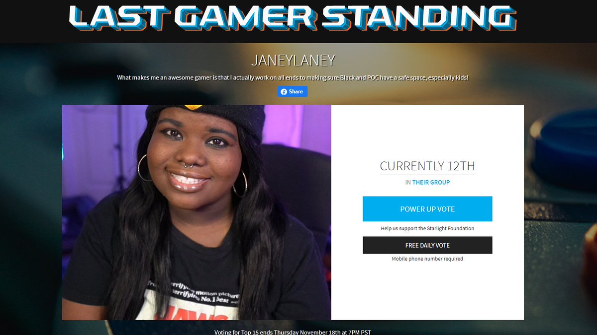 _JaneyLaney's tweet photo. Hello Everyone! 
I am competing in Last Gamer Standing while helping @StarlightUS fund children with clothing, VR sessions, and gameplay for kids who are ill and in treatment.

https://t.co/LrXivFpebK

Voting DAILY helps me stay in the competition! https://t.co/uMFpsMt9er