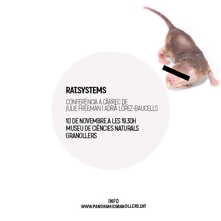 Demà dimecres, a les 19.30h al Museu de Ciències Naturals de Granollers <a href="/mcngranollers/">Museu de Ciències Naturals de Granollers</a> conferència (anglès) Rat.Systems entre Julie Freeman i Adrià López-Baucells.
Us hi esperem. 
.
<a href="/cultura_cat/">Cultura</a> <a href="/ArtsVisualsODA/">ArtsVisualsODA</a> <a href="/GRN_cultura/">Granollers Cultura</a> <a href="/rocaumbertfa/">Roca Umbert Fàbrica de les Arts</a>  <a href="/bcncultura/">Barcelona Cultura</a> @joz_freeman