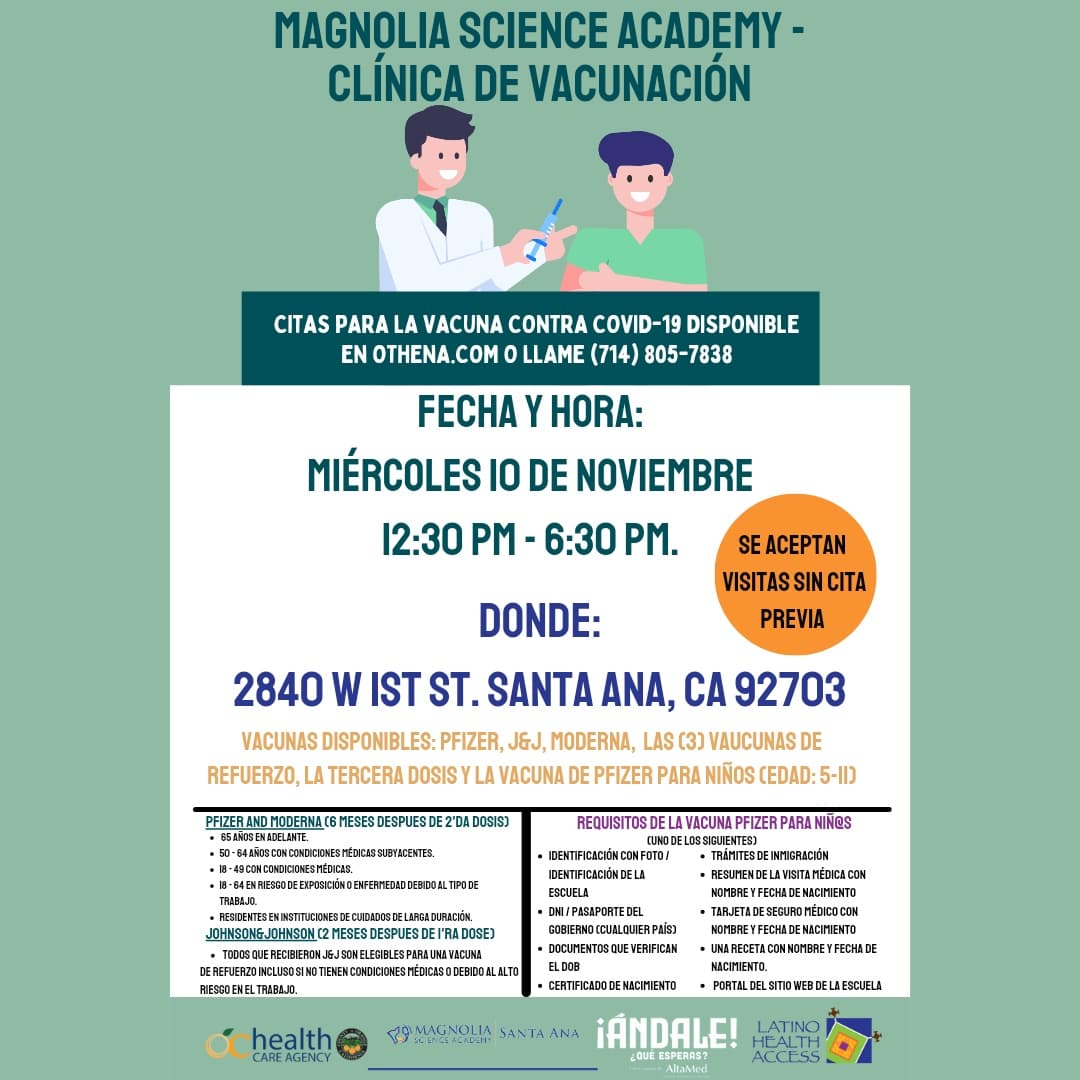 LHAORG's tweet photo. Visit us at Magnolia Science Academy tomorrow for tour Covid-19 vaccine. 
We will have all three vaccines available along with their boosters, and the children's (5-11) Pfizer vaccine. 
@Andalequeespera
#weareLHA #andalequeesperas  #helpstopthespread #covid19 #Pfizer https://t.co/o3pt4yv45H