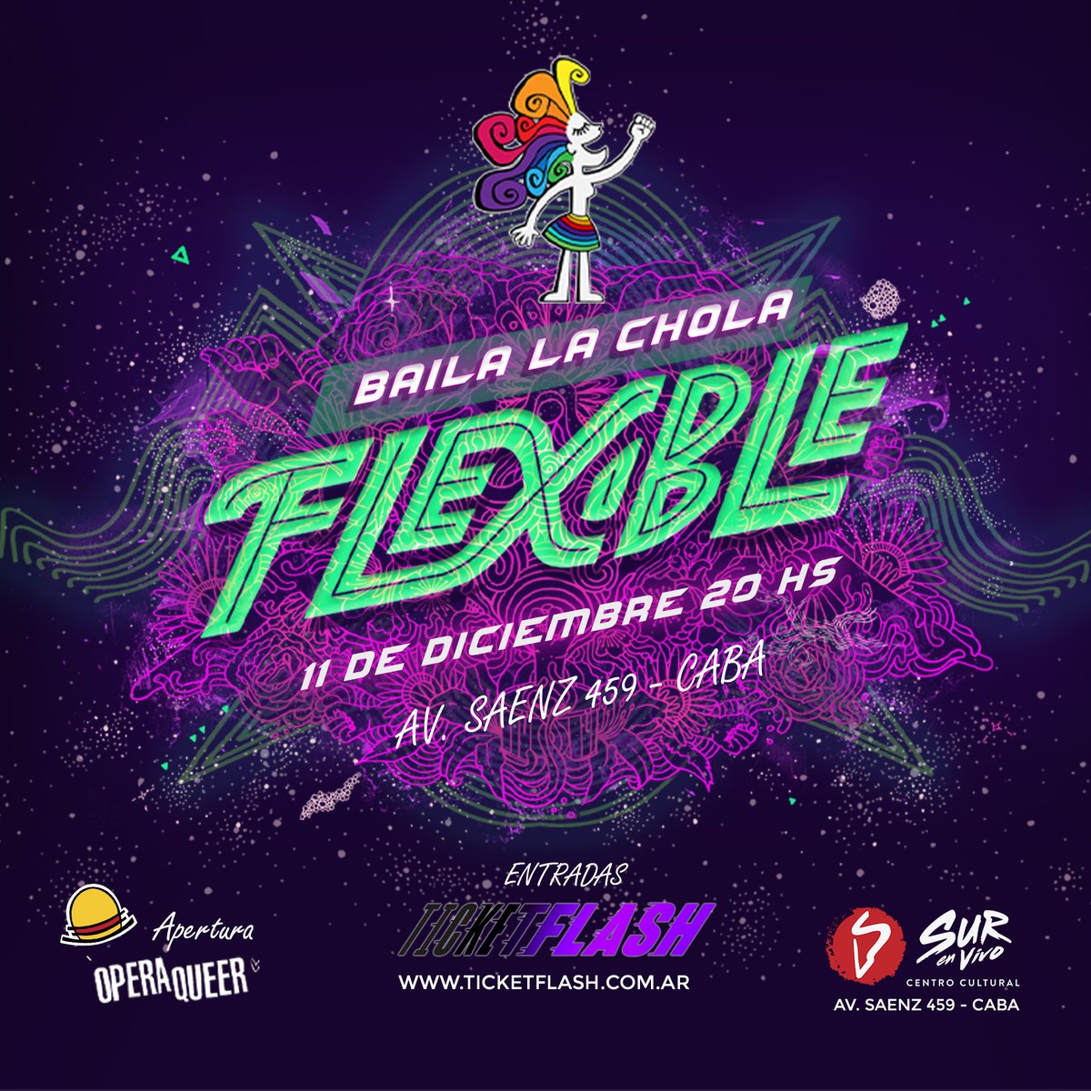 🪘 En la antesala a cumplir diez años <a href="/BailaLaChola/">Baila la Chola</a> despide el año presentando Flexible
🗓 Sábado 11 de Diciembre - 20:00hs
📍 SurEnVivo (Av.Saenz 459 - CABA)
📲 Conseguí tus entradas vía ticketflash.com.ar 
🎟️ Boletería: Av.Saenz 459 - Martes a viernes de 11hs a 17hs