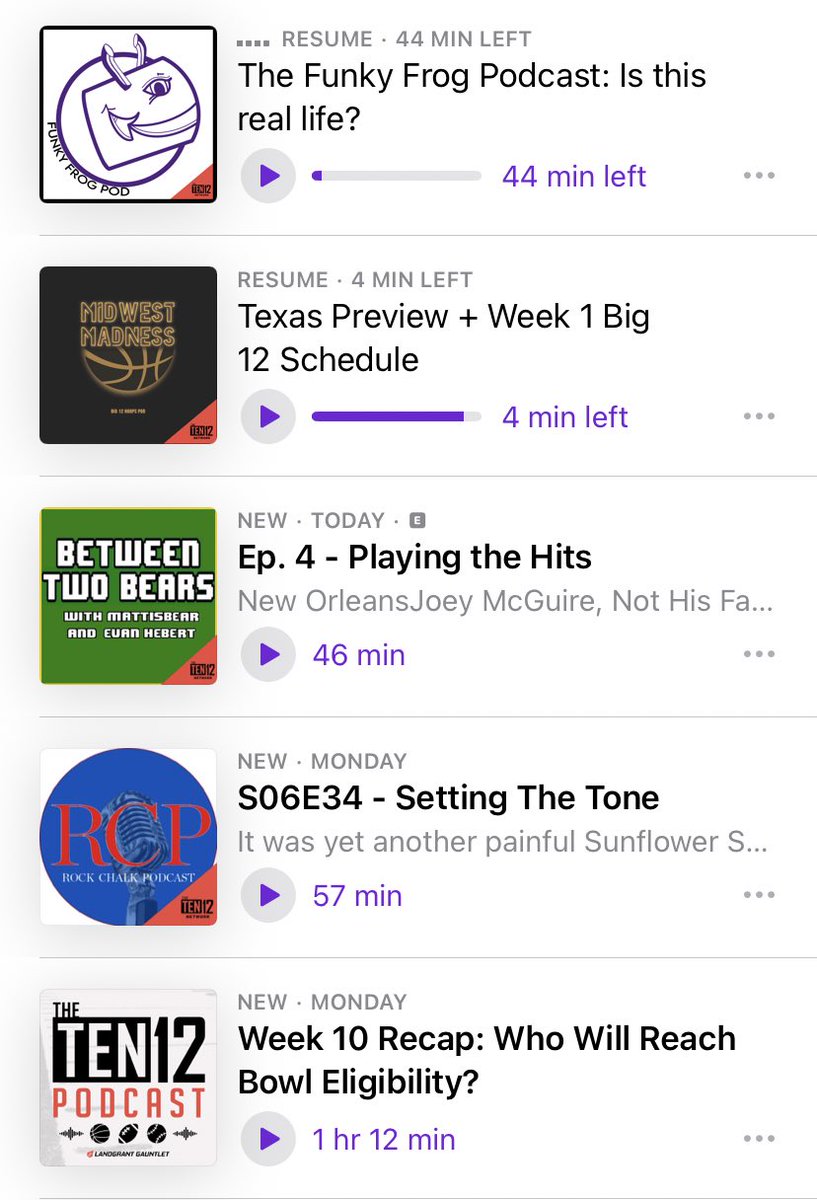 Ten12Network's tweet photo. The Ten12 Podcast feed is FILLED with new episodes, including @RockChalkPod, @MW_MadnessBig12, Between Two Bears w/@mattisbear and @EvanHebert, and the Funky Frog Pod!
#gofrogs #sicem #big12mbb #big12wbb #rockchall #gopokes #hailwv
Find them all at https://t.co/XGTxZF4962 https://t.co/S7q3Qh0A4l