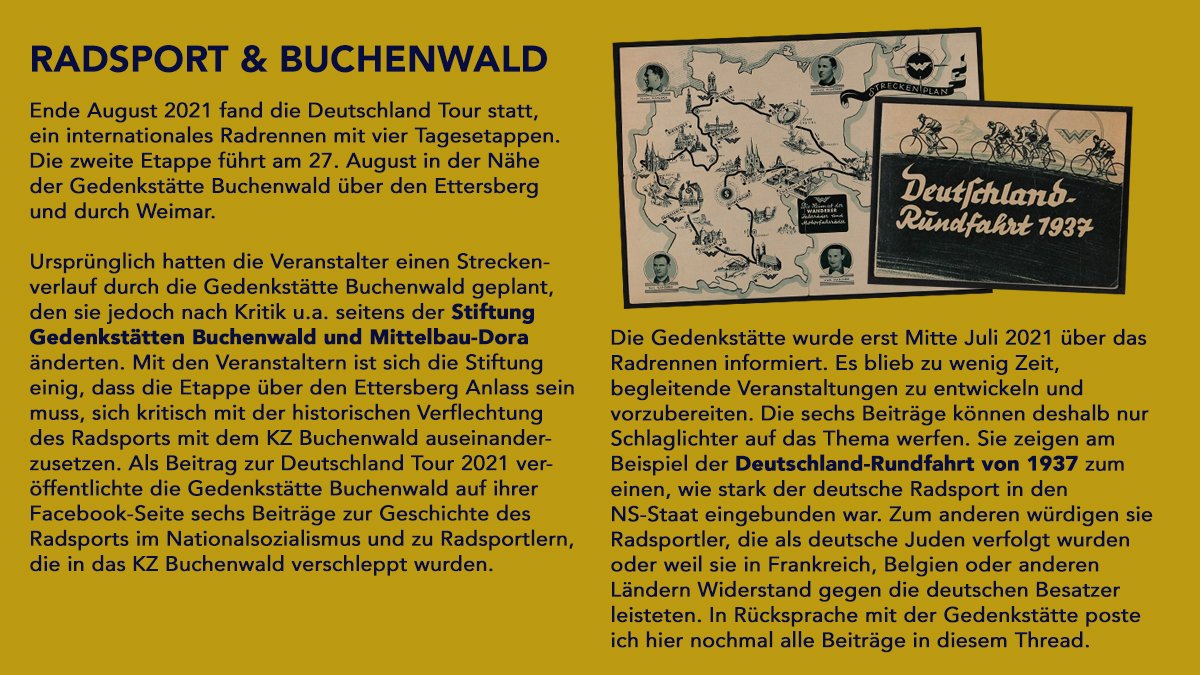 die diesjährige deutschland tour sollte im august über die blutstraße entlang der kz-gedenkstätte buchenwald führen. <a href="/Buchenwald_Dora/">Stiftg. Gedenkstätten Buchenwald u. Mittelbau-Dora</a> hat aus diesem grund auf fb echt spannende texte gepostet. doch das lesen ja nur noch boomer. in rücksprache veröffentliche ich sie heute hier: