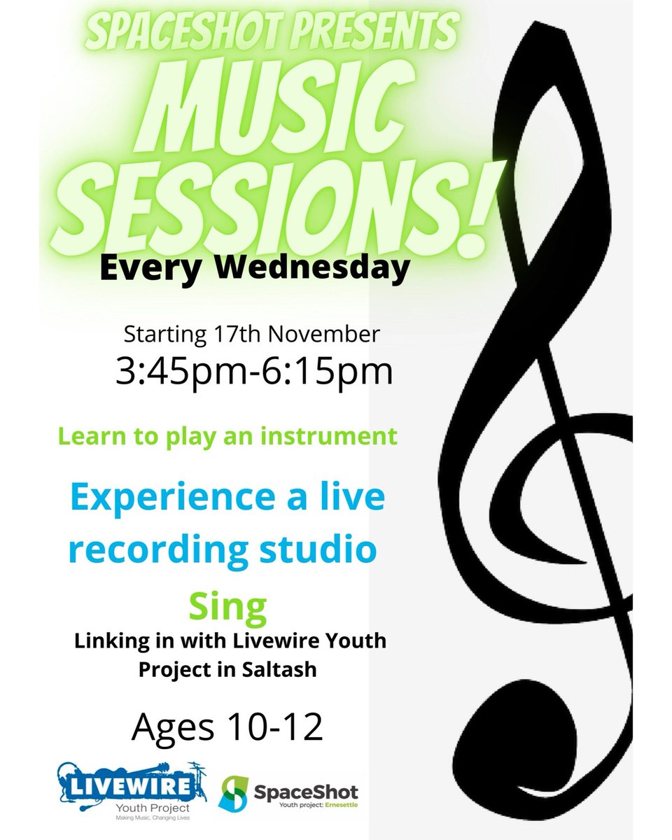 Our music project is kicking off! 
🎵 We will be linking in with Livewire youth project🎵Ages 10-12🎵4:00pm- 6:00pm 🎵Transport will be provided🎵 experience what it is like in a live recording studio🎵learn a musical instrument🎵learn to creat music🎵plus much more