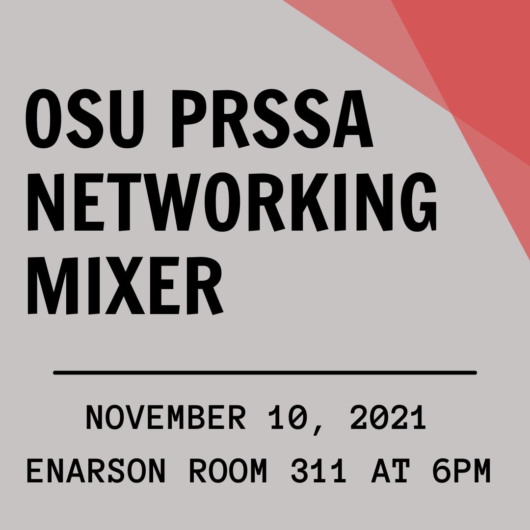 🗣🚨MEETING ALERT🚨🗣

Join us TOMORROW (11/10) at 6 p.m. in Enarson 311 for our networking mixer in collaboration with the College of Arts &amp; Sciences! Business casual attire is preferred (and yes, jeans are fine). Hope to see you there! 🤩

#prssa #networking #mentorship