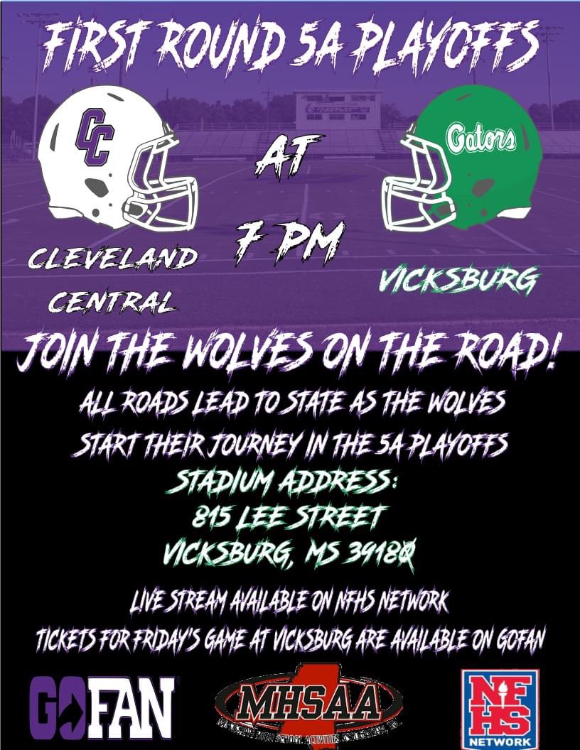 Join the Wolves on their journey with aspirations of reaching the 5A state championship at Southern Miss! The Wolves travel to Vicksburg to take on the Gators on Friday, and the winner gets the winner of West Point vs Ridgeland next week! Hope to see y’all there! #EAT #TheCentral