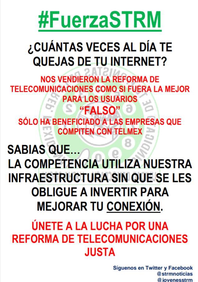 jax_1973's tweet photo. Nos vendieron la reforma de Telecomunicaciones como si fuera la mejor para los usuarios “FALSO”, solo ha beneficiado a las empresas que compiten con TELMEX. Sr presidente @lopezobrador_ intervenga en la solución del contrato colectivo @LuisaAlcalde 
#EnDefensaDelCCT
#FuerzaSTRM https://t.co/8M1TreBICy