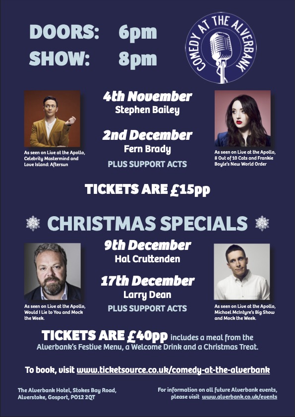 I'll be hosting some top-quality line-ups at <a href="/AlverbankThe/">The Alverbank Hotel</a> next month, including: @FernBrady, <a href="/joewellscomic/">Joe Wells (Neurodivergent Moments Podcast out now)</a>  <a href="/Halcruttenden/">Hal Cruttenden</a>, <a href="/LarryDeanComedy/">Larry Dean</a>, <a href="/InnocentJeff/">Jeff Innocent</a>, <a href="/SunilDPatel/">sunil patel</a>, @thatlaurasmyth, @callybe, <a href="/Sanjsmash/">sunjai arif</a>, <a href="/DinnyNathan/">Nx</a>

So if you're in Gosport, please come on down!