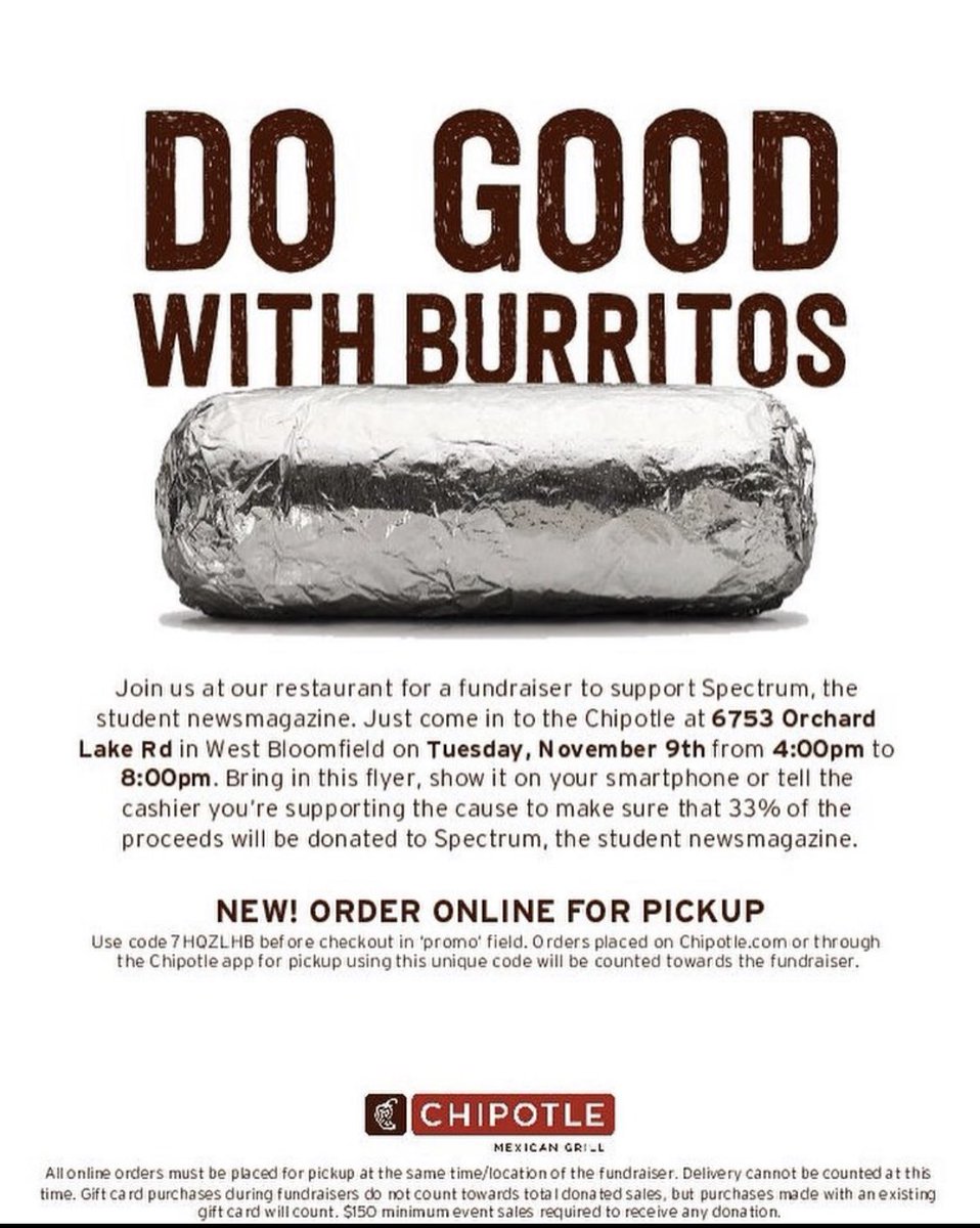 wbspectrum's tweet image. Today is the day! Head to #Chipotle on Orchard Lake Rd between 4-8. Show the flyer to support student #journalism. #westbloomfield #wbhs #lakernation