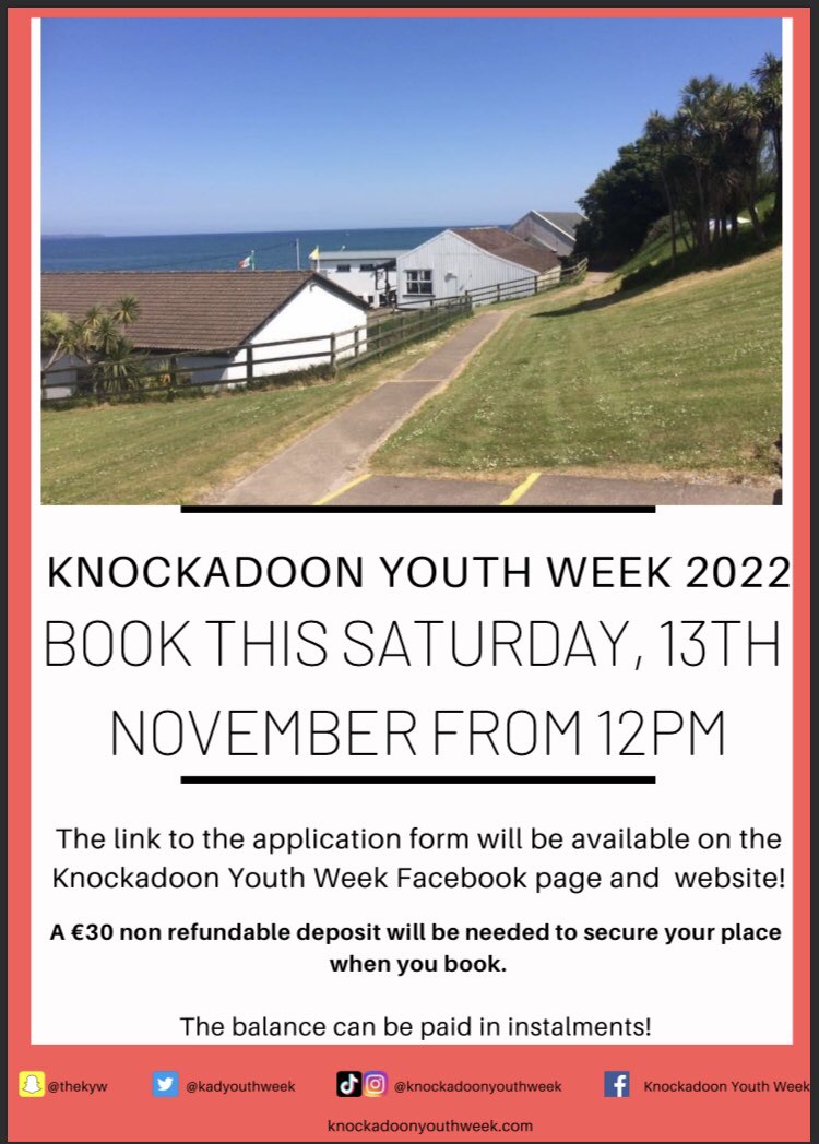 *REMINDER*

Hi everyone! Just a reminder that applications to #KYW22 open this weekend on our Facebook and website.

facebook.com/KnockadoonYout…

knockadoonyouthweek.com

Our competition to win a free week on camp also closes in 3 days!!