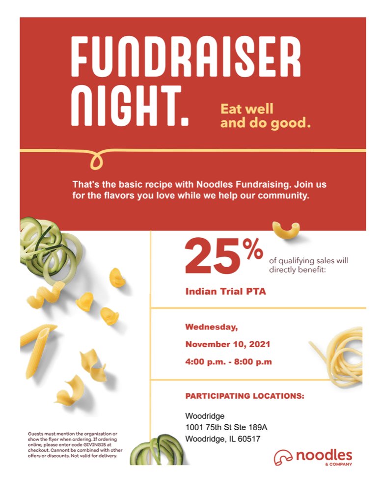 IndianTrailDG58's tweet photo. Looking for somewhere yummy to eat dinner tonight, stop by @noodlescompany and support our IT PTA!  #dg58pride #StallionStrong https://t.co/fzZ4g71GAZ