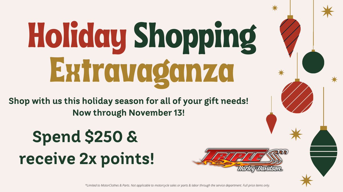 TripleSHD's tweet photo. Get an early start to your holiday shopping &amp; get a gift from us! 🎄 #HolidayShopping #christmas #motorclothes #shopwithus #harleydavidson #morgantownwv #tripleshd #triplesharleydavidson https://t.co/11JGLyS6Ea