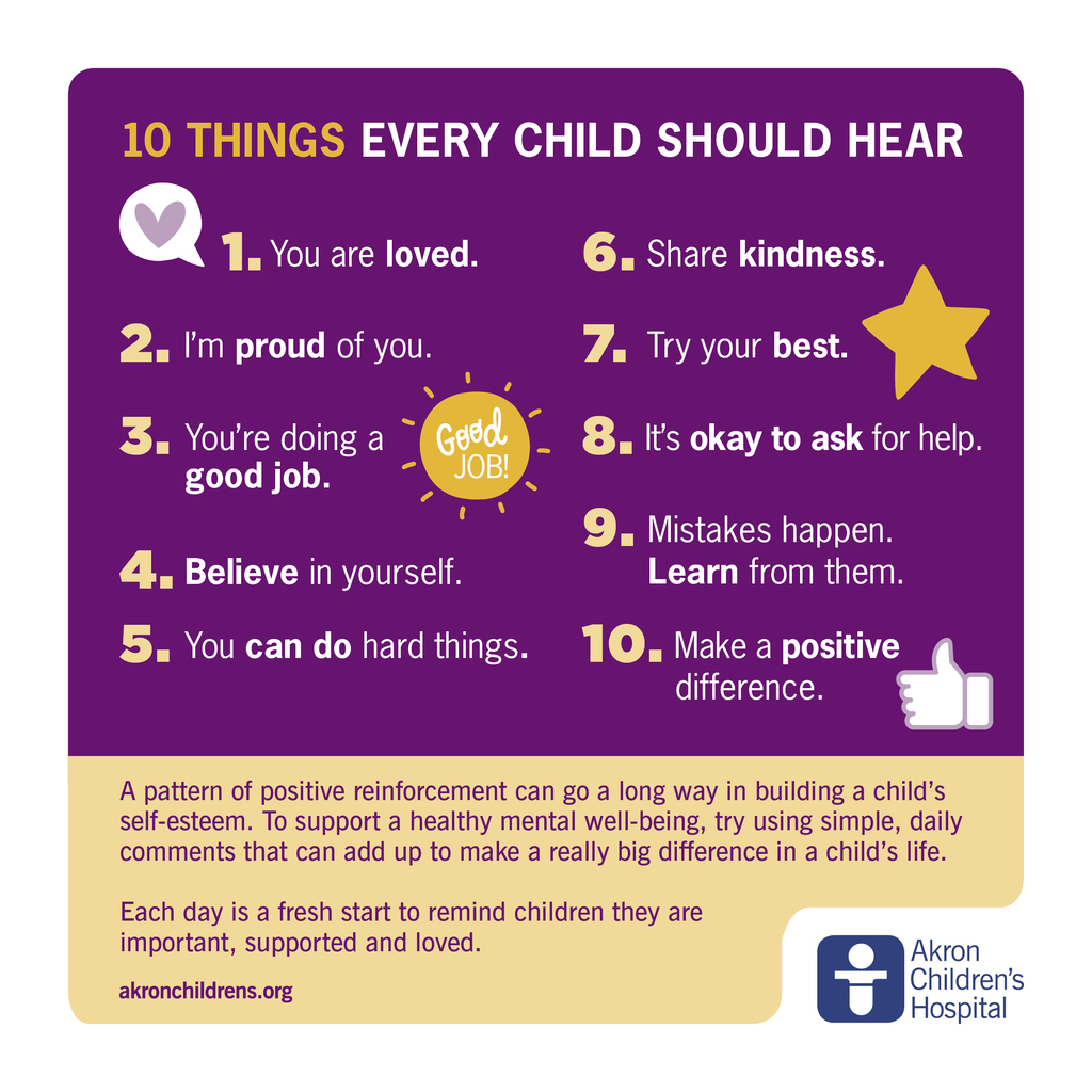 Simple positive messages can greatly influence a child's self-esteem. Here are 10 phrases that kids would benefit from hearing every day. 

How do you encourage your kids? 

#Kindness #SelfEsteem #PositiveWords #Positivity