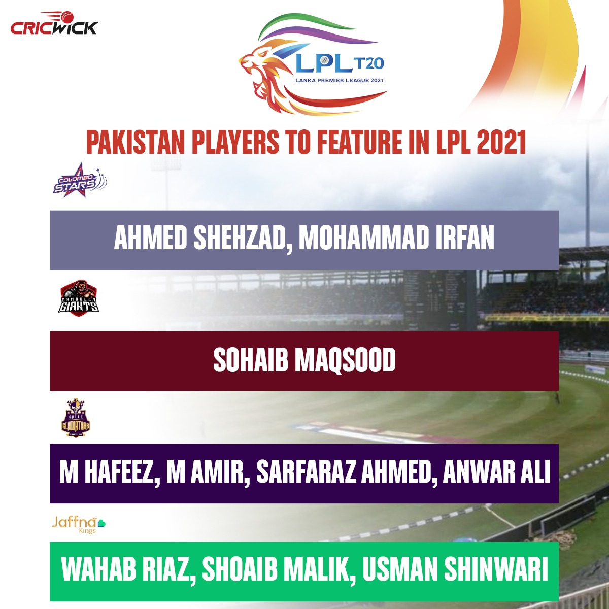 Cricwick's tweet photo. The second season of the Lanka Premier League will commence next month 👏

Which #Pakistan player are you most looking forward to being in action in the competition❓

#LPLDraft2021 https://t.co/11aZ0NHHSN