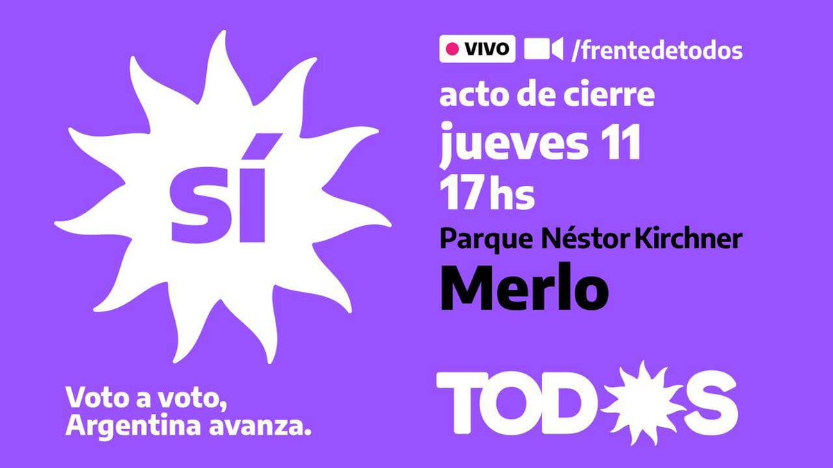 · Cierre de campaña de TOD☀️S

🗓️Jueves 11 de noviembre
🕓17.00 hs

📲Seguí el vivo en todas nuestras redes.

Sí, es voto a voto 🗳️

#ArgentinaAvanza