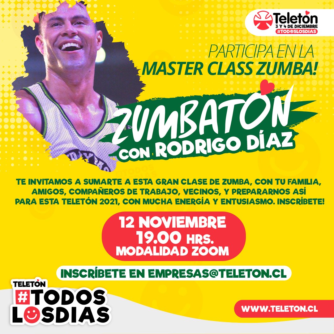 ✨ ¡Participa junto a tu familia, amigos, compañeros de trabajo o vecinos en la Zumbatón, junto a <a href="/Rodrigodiaz_rd/">Rodrigo Díaz Rioseco</a>! 🙌

▶️Inscríbete en empresas@teleton.cl

La #Teletón se vive este 3 y 4 de diciembre y #TodosLosDías 🦾❤️