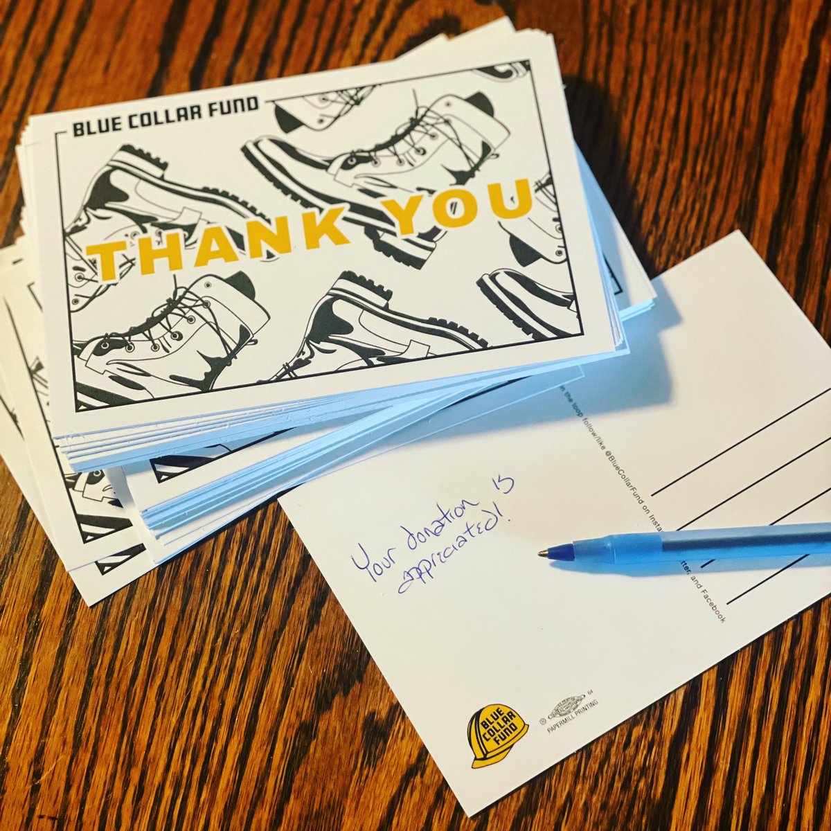 BlueCollarFund's tweet photo. So excited to get these thank you postcards out! Excited to get more gifts out soon for our founding funders to show our appreciation for your investment in building wraparound support for folks seeking to change their lives with a career in the #trades. https://t.co/gLSfxT0Z7o