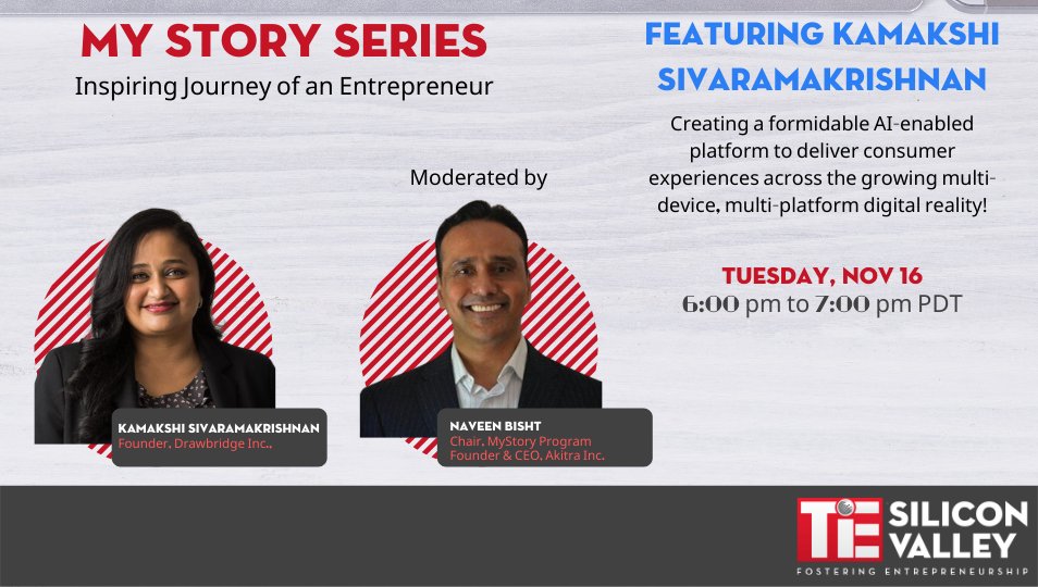 Join our MyStory webinar featuring Kamakshi Sivaramakrishnan, Founder of Drawbridge Inc, which was acquired by LinkedIn, a Microsoft company in 2019 on Tue, Nov 16 at 6 pm PT. Register for free bit.ly/mystorykamakshi