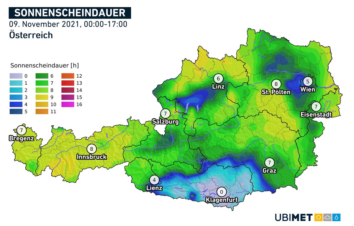 uwz_at's tweet image. #Sonne satt gabs heute von West bis Ost, wie z.B. in #Feldkirch, im #Tuxertal oder auch in #Wien – nur #Kärnten hatte das Nachsehen, besonders im Klagenfurter Becken hielt sich hartnäckiger #Hochnebel.

(Grafik: UBIMET; Fotos: foto-webcam.eu)