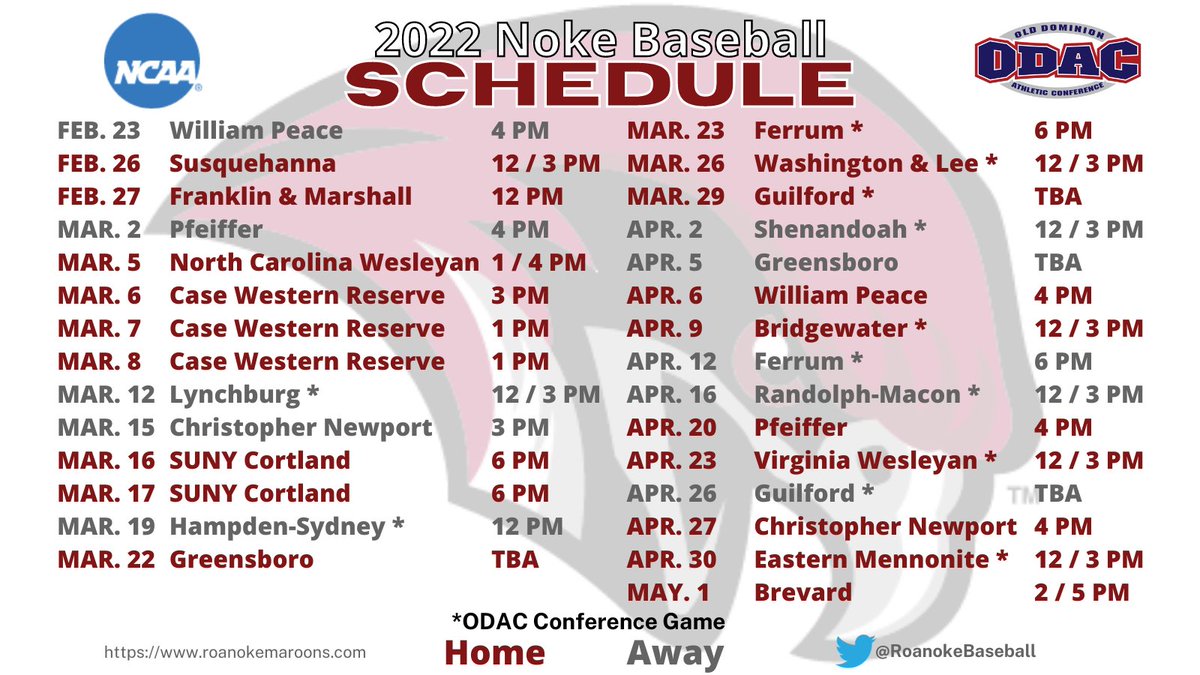 Mark your calendars! 

The Noke Baseball '22 schedule is official. The Maroons are set to play a 40 game slate this coming spring. Keep tabs on any changes throughout the season here:

roanokemaroons.com/sports/bsb/202…