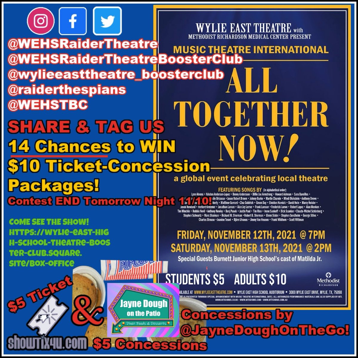 TeamStone05's tweet photo. 💙💛🎭🎶
‘ATN-All Together Now’
48 HOUR SHARE Contest ENDS TOMORROW NIGHT!
💙💛🎭🎶
@WEHSRaiderTheatre
@WEHSRaiderTheatreBoosterClub
@wylieeasttheatre_boosterclub
@raiderthespians
@WEHSTBC
SHARE &amp; TAG US!
14 Chances to WIN
$10 Ticket-Concession Packages!
Contest END Tomorrow… https://t.co/6ww90KVeBg