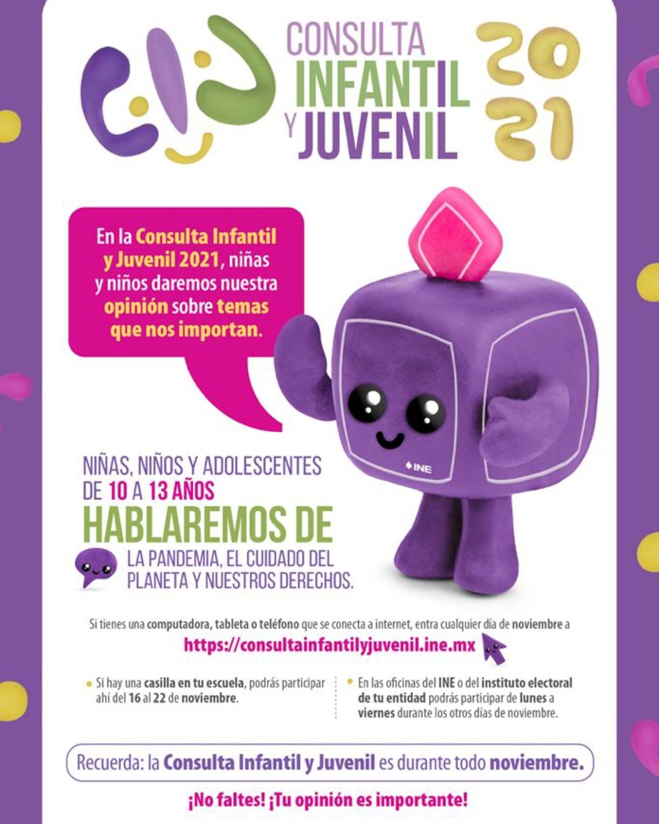 RegedhemAC's tweet photo. Si tienes entre 10 y 13 años, participa en la Consulta Infantil y Juvenil 2021 dando tu opinión sobre diferentes temas. Infórmate en http//consultainfantilyjuvenil.ine.mx @INEMexico https://t.co/UDNeveinGU