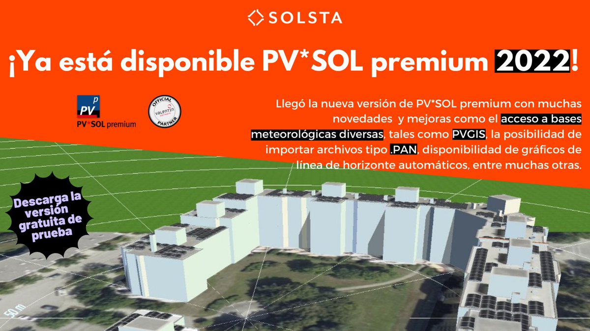 SOLSTA_Solar's tweet photo. ¡Ya está aquí PV*SOL premium 2022!
La nueva versión trajo grandes mejoras, conoce más en: https://t.co/gJA6J8Zfc0
Y descarga la versión de prueba 🤗
#PVSOLpremium #Lanzamiento #Software #ValentinSoftware #Solsta #Energíasolar #Energíasolarfotovoltaica #Fotovoltaica https://t.co/41O2N3C1wE