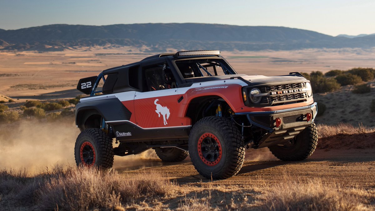 FordRacing's tweet photo. The V-8 powered Bronco DR, designed to be the most powerful production #FordBronco, builds on a 2022 Bronco four-door frame and adds a unique body and chassis for high-speed, #BuiltWild desert racing. https://t.co/k3ybpCDHdo