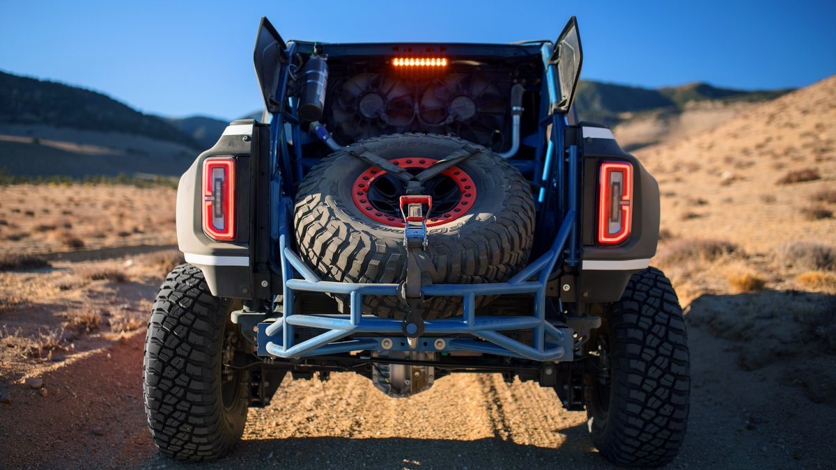 The V-8 powered Bronco DR, designed to be the most powerful production #FordBronco, builds on a 2022 Bronco four-door frame and adds a unique body and chassis for high-speed, #BuiltWild desert racing.