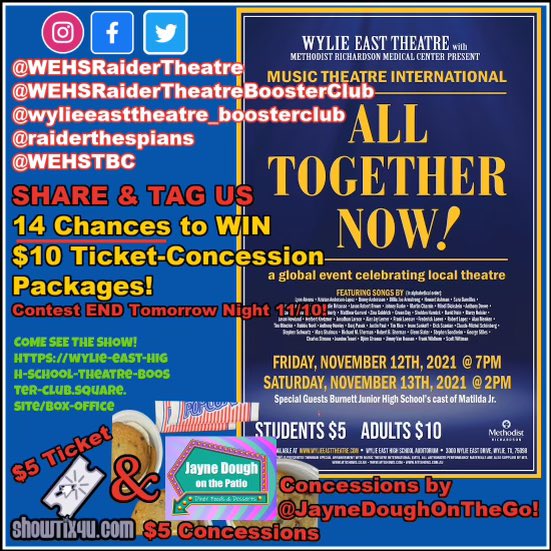 WEHSTBC's tweet photo. @WEHSRaiderTheatre
@WEHSRaiderTheatreBoosterClub
@wylieeasttheatre_boosterclub
@raiderthespians
@WEHSTBC

SHARE &amp; TAG US!
14 Chances to WIN
$10 Ticket-Concession Packages!
Contest END Tomorrow Night 11/10!
48 Hour SM Share Contest!

COME SEE THE SHOW This Friday &amp; Saturday! https://t.co/0BqVcVH7dB