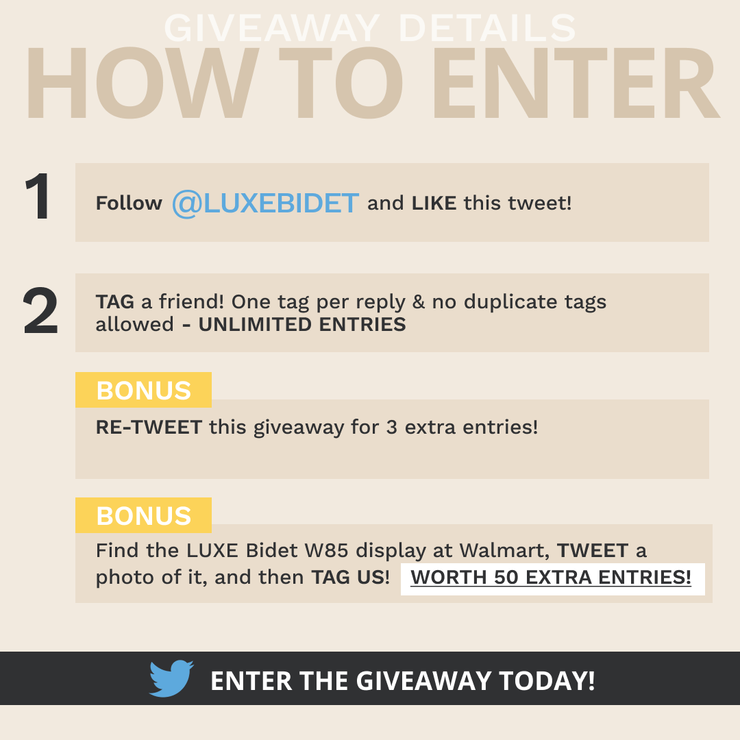 luxebidet's tweet photo. ✨GIVEAWAY✨#giveaway
1. Follow @luxebidet &amp; like this tweet
2. Tag a friend, 1 tag per reply &amp; no duplicate tags - UNLIMITED ENTRIES
🚨BONUS: RE-TWEET giveaway = 3 EXTRA ENTRIES
🚨BONUS: Tweet a photo of our LUXE Bidet W85 product display at Walmart, &amp; tag us = 50 EXTRA ENTRIES https://t.co/BkCtzgWpvZ