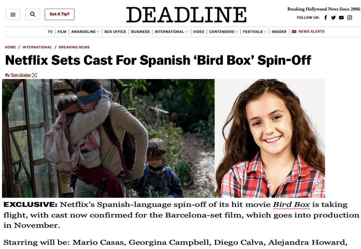 Congratulation to Alejandra Howard who was cast in the Spanish re-make of Bird Box! Alejandra will be shooting in Barcelona for the next 3 months! Have fun Alejandra, can’t wait to see the finished project!
AKP Management Agency
Netflix
Netflix Spain