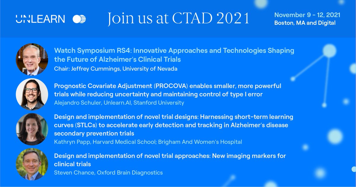 It's Day 1 of #CTAD21! Visit our virtual partner space and watch Symposium RS4, featuring chair <a href="/DrJeffCummings/">Jeffrey Cummings</a> and presenters Alejandro Schuler of <a href="/UnlearnAI/">Unlearn.AI</a> and <a href="/Stanford/">Stanford University</a>, @PappKate of <a href="/BWHNeurology/">Brigham and Women's Neurology</a> and <a href="/harvardmed/">Harvard Medical School</a>, and Steven Chance of <a href="/OxfordBrain/">Oxford Brain Diagnostics</a>. #Alzheimers <a href="/CTADconference/">CTAD</a>