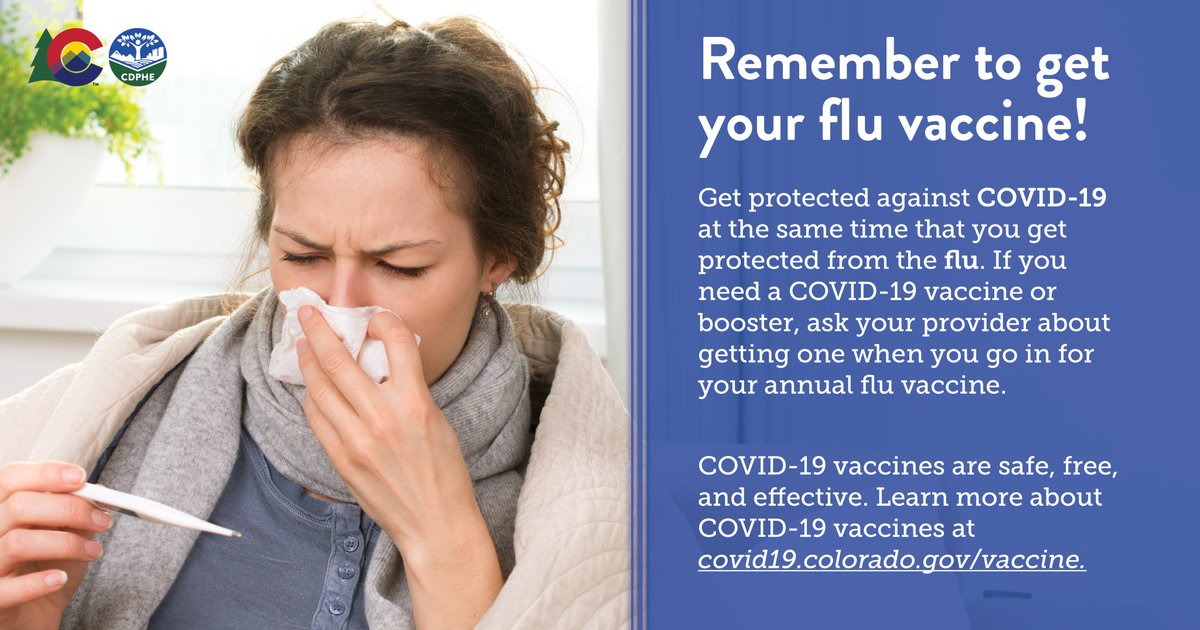 CDPHE's tweet photo. Get vaccinated! Both vaccines are safe to receive together. Everyone 5 years + are eligible for the COVID-19 vaccine. Experts recommend the annual influenza vaccine for everyone 6 months and older. 

📍Find a location near you: https://t.co/KUEfinfB30 https://t.co/MnJ00PvJ1m