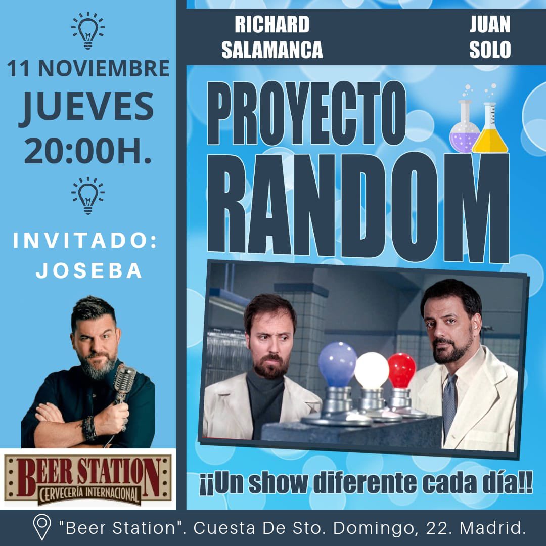 juansolocomico's tweet photo. Este jueves #ProyectoRandom vuelve a @BeerStationMad Tendremos un invitado especial: @JosebaComico Él no sabe qué va a ocurrir y nosotros, a medias. 😃 Cada jueves un distinto y más loco que el anterior #monologos #comedia #impro #fakenews
Entradas: https://t.co/CaTGhrzxw1 https://t.co/H4zQoaCsbG