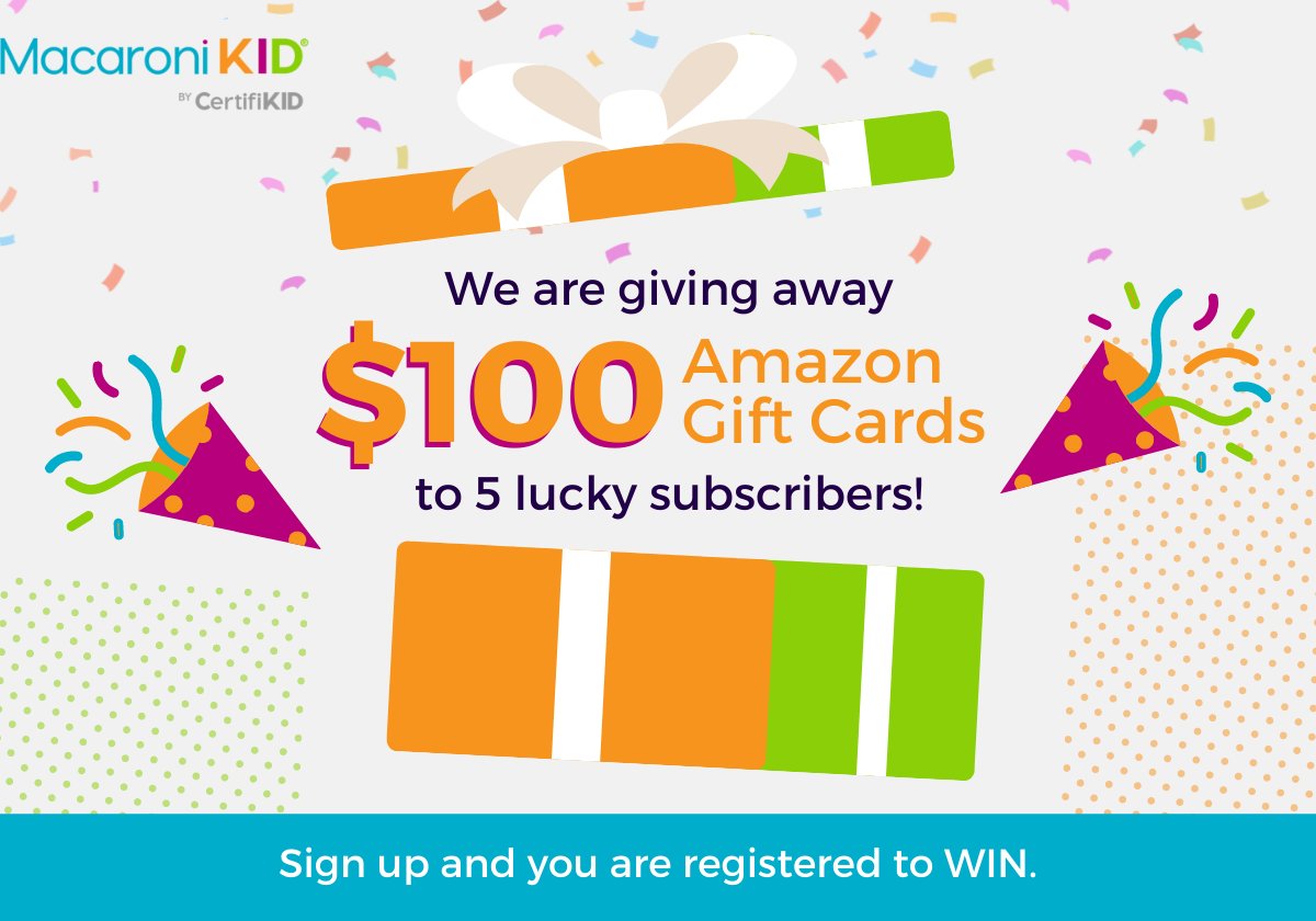 MacKidBaby's tweet photo. Who wants to #WIN a $100 Gift Card to #Amazon? 
Simply subscribe to a local Macaroni KID publication now and you'll be eligible to WIN one of FIVE $100 Gift Cards! 
https://t.co/h5FwAiEQmn https://t.co/EaZ7fHU0ne